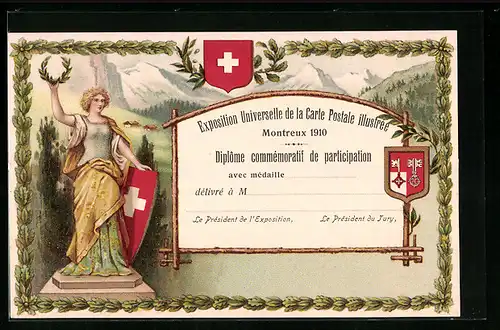 Lithographie Montreux, Exposition Universelle de la Carte Postale illustree 1910, Wappen, Ausstellung
