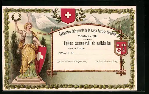 Lithographie Montreux, Exposition Universelle de la Carte Postale illustree 1910, Wappen
