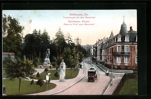 AK Mülhausen, Tivolianlagen mit dem Monument, Strassenbahn mit Litfasssäule