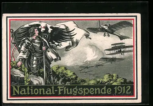 AK Ritter mit Fahne betrachtet Flugzeuge in der Luft, National-Flugspende 1912