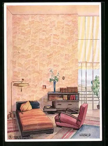 AK Wohnzimmer mit Tapete Bernina, Reklame Hardkop, Bauhaus