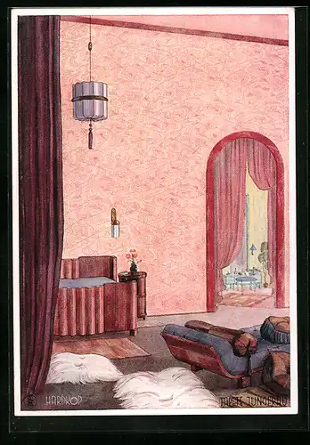 AK Wohnzimmerlandschaft mit Tapete Jungfrau Reklame Hardkop, Bauhaus