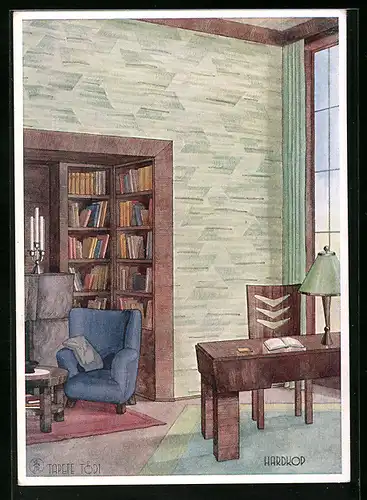 AK Herrenzimmer mit Tapete Tödi, Reklame Hardkop, Bauhaus