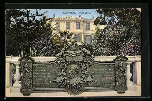 AK San Remo, Villa Zirio, Gedenktafel Friedrich III. Verband Deutscher Kriegsveteranen