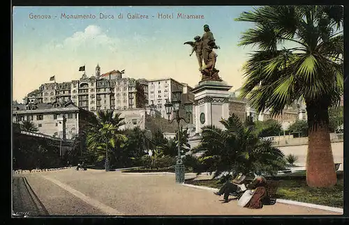 AK Genova, Monumento Duca di Galliera, Hotel Miramare