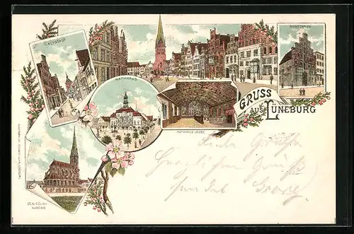 Lithographie Lüneburg, Altstadt, St. Nicolaikirche, Rathaus, Giebelhaus
