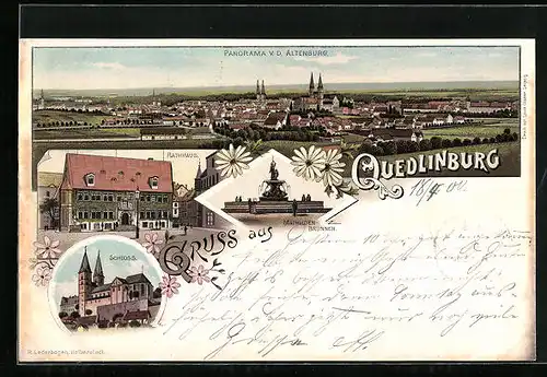 Lithographie Quedlinburg, Panorama v. d. Altenburg, Rathaus, Mathilden-Brunnen