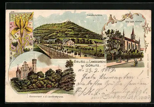 Lithographie Görlitz, Landeskrone, Alte kath. Kirche, Restaurant a.d. Landeskrone