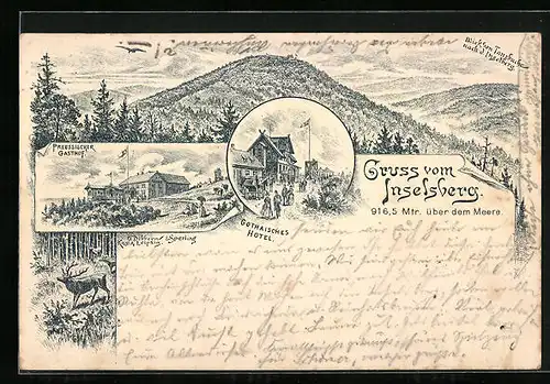 Lithographie Inselsberg, Gesamtansicht mit Gothaisches Hotel, Preussischer Gasthof