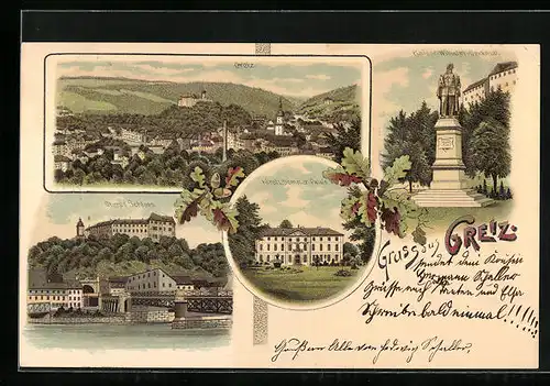 Lithographie Greiz, Oberes Schloss, Fürstl. Sommer Palais, Kaiser Wilhelm-Denkmal