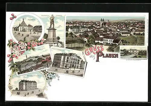 Lithographie Plauen i. V., Rathaus, Bismarck-Denkmal, Gesamtansicht, Schloss