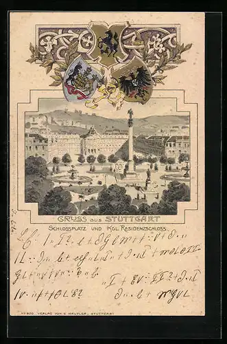 Präge-Lithographie Stuttgart, Schlossplatz und Kgl. Residenzschloss, Wappen