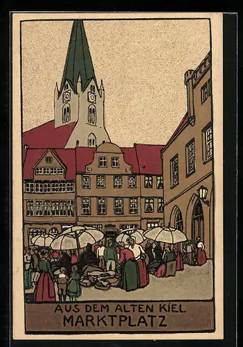 Steindruck-AK Kiel, Ansicht Marktplatz