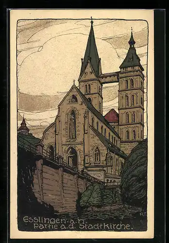 Steindruck-AK Esslingen a. N., Partie a. d. Stadtkirche