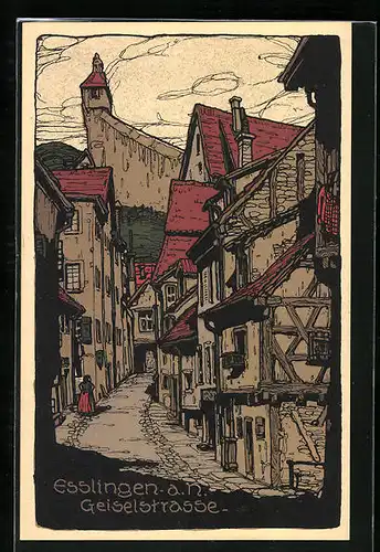 Steindruck-AK Esslingen a. N., Blick auf die Geiselstrasse