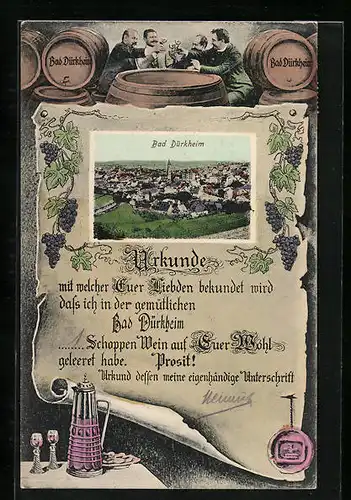 AK Bad Dürkheim, Urkunde mit Ortsansicht
