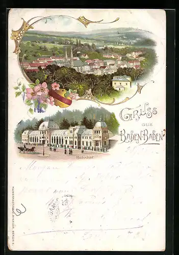 Lithographie Baden-Baden, Ortsansicht und Bahnhof