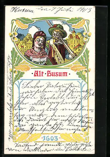 Lithographie Husum, Paar in Tracht, 1603