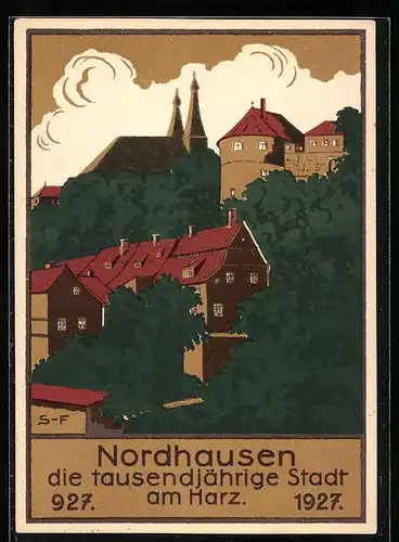 Künstler-AK Nordhausen am Harz, Jahrtausendfeier 1927, Ortspartie mit Kirche