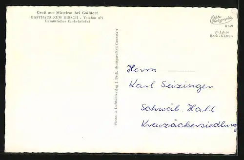 AK Mittelrot bei Gaildorf, Gasthaus zum Hirsch, Kirche, Gesamtansicht