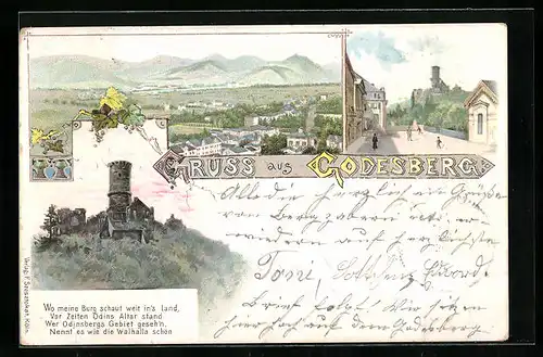 Lithographie Godesberg, Gesamt- und Teilansicht, Burg