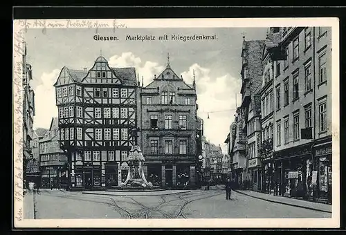 AK Giessen, Marktplatz mit Kriegerdenkmal