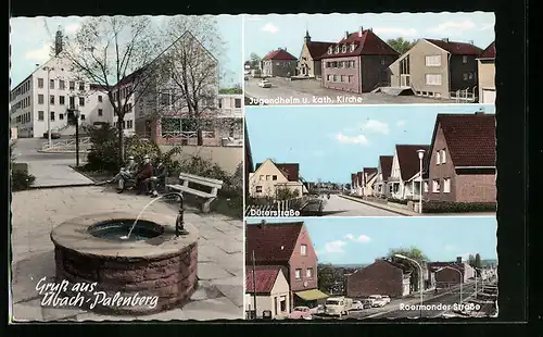 AK Übach-Palenberg, am Brunnen, Jugendheim und kath. Kirche, Blick in die Dürerstrasse, Blick in die Roermonder Strasse