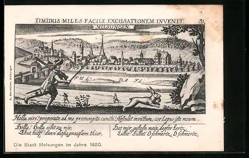 Künstler-AK Melsungen, Stadtansicht im Jahr 1620, Jäger in historischer Tracht