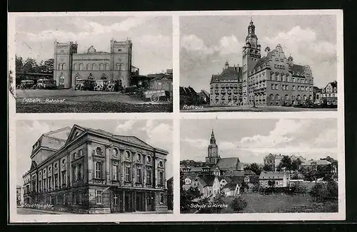 AK Döbeln, Bahnhof, Rathaus, Stadttheater