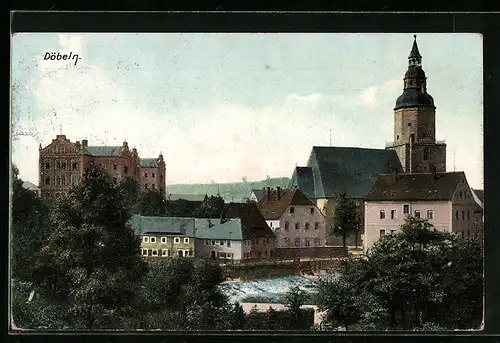 AK Döbeln i. Sa., Teilansicht mit Wehr und Nicolaikirche