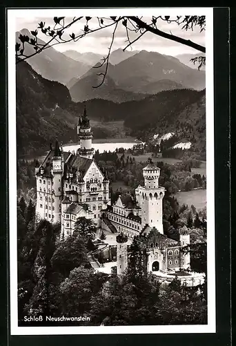 AK Schloss Neuschwanstein, Totale vom Berg aus gesehen