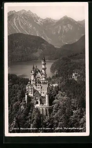 AK Schloss Neuschwanstein, Panorama mit Alpsee und Schloss Hohenschwangau