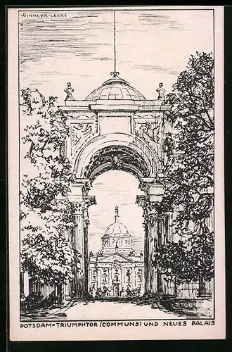 Künstler-AK Potsdam, Schloss Sanssouci, Triumphtor und Neues Palais
