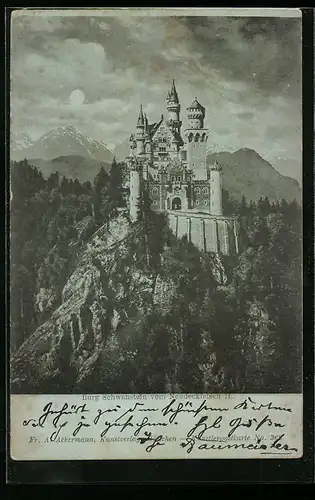 Mondschein-AK Burg Schwanstein vom Neudeckfelsen aus gesehen
