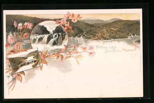 Lithographie Plitvica, Plitviczai Tavak, Landschaft mit Wasserfall