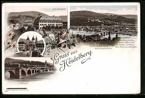 Lithographie Heidelberg, Generalansicht vom Philosophenweg aus gesehen, die Alte Universität, Alte Brücke und Schloss