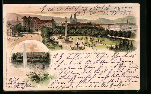 Lithographie Stuttgart, Monument und Brunnen auf dem Schlossplatz, Wasserkunst