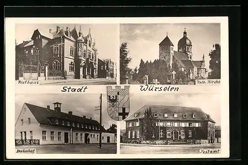 AK Würselen, die kath. Kirche, das Rathaus, vor dem Bahnhof, am Postamt