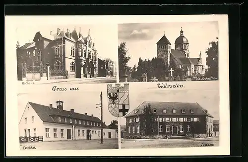 AK Würselen, am Bahnhof, das Postamt, das Rathaus, Kirche St. Sebastian