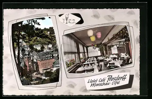 AK Monschau i. Eifel, Blick auf die kleine Brücke vor der Kirche, im Hotel-Cafe Flosdorff