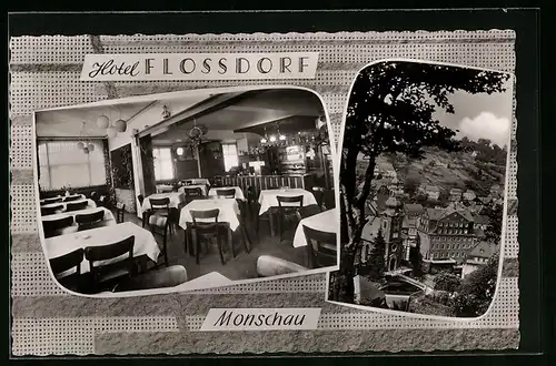 AK Monschau i. Eifel, Blick auf die Kirche, das Hotel Restaurant Flossdorf, im Gastraum
