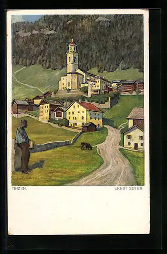 Künstler-AK Tinzen, auf der Strasse in den Ort, die Kirche thront darüber
