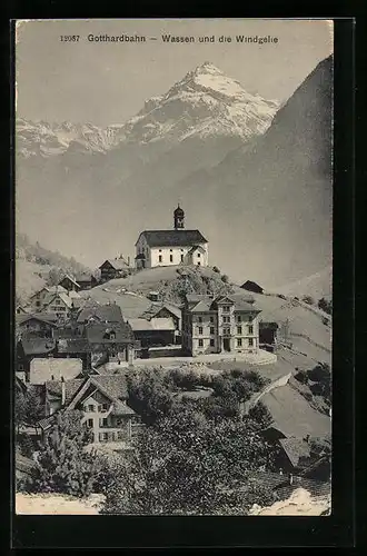 AK Wassen und die Windgelle, Blick zur Gotthardbahn