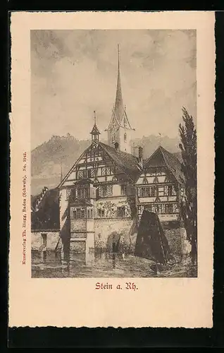 Künstler-AK Stein a. Rhein, Blick zum Kirchturm, Segelboot vor den Fachwerkhäusern