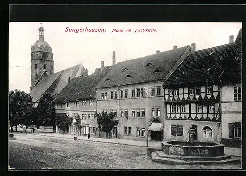 AK Sangerhausen, Brunnen und Jakobikirche auf dem Marktplatz