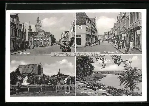 AK Verden a. Aller, am Rathaus, der Dom, in der Grossestrasse, Allerpartie