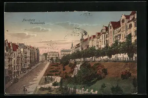 AK Flensburg, Stadthäuser und Grünanlagen in der Toosbüystrasse