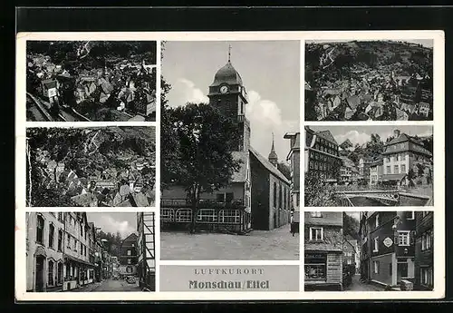AK Monschau i. Eifel, Generalansicht der Stadt, an der Kirche, Strasse durch den Ort, am Gasthof