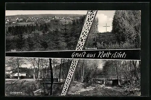 AK Rott i. Eifel, Stadtpanorama, am Kreuzweg, Ortspartien mit kleiner Brücke, Lebensmittel Schnitzler
