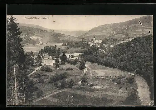 AK Pleushütte-Einruhr, Talblick mit der kleinen Ortschaft und der Kirche